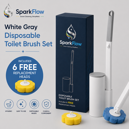 SparkFlow White & Grey Disposable Toilet Brush Set | Includes 6 FREE Replacement Heads