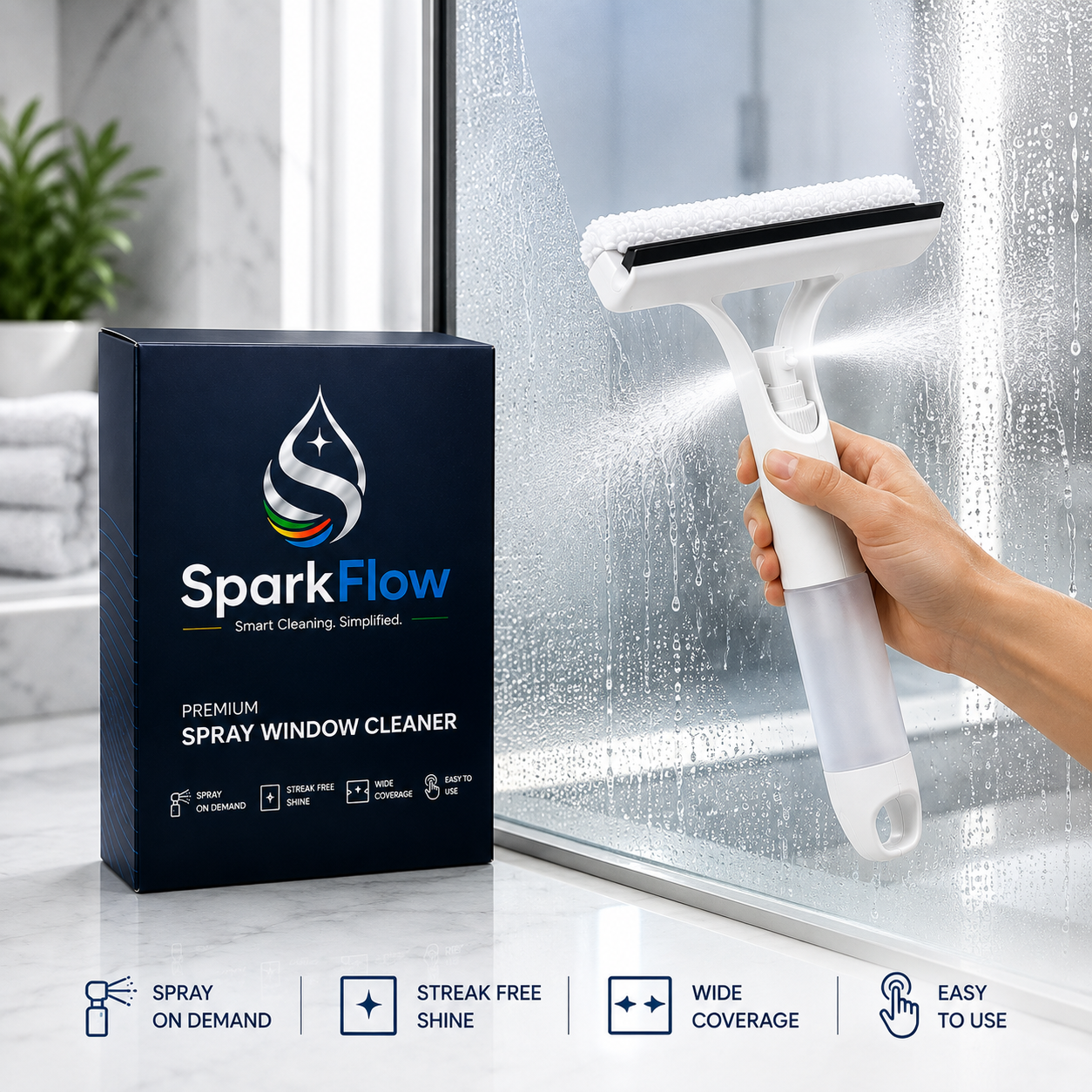 SparkFlow 3-in-1 Spray Window Cleaner – Streak-Free Glass Cleaning Tool