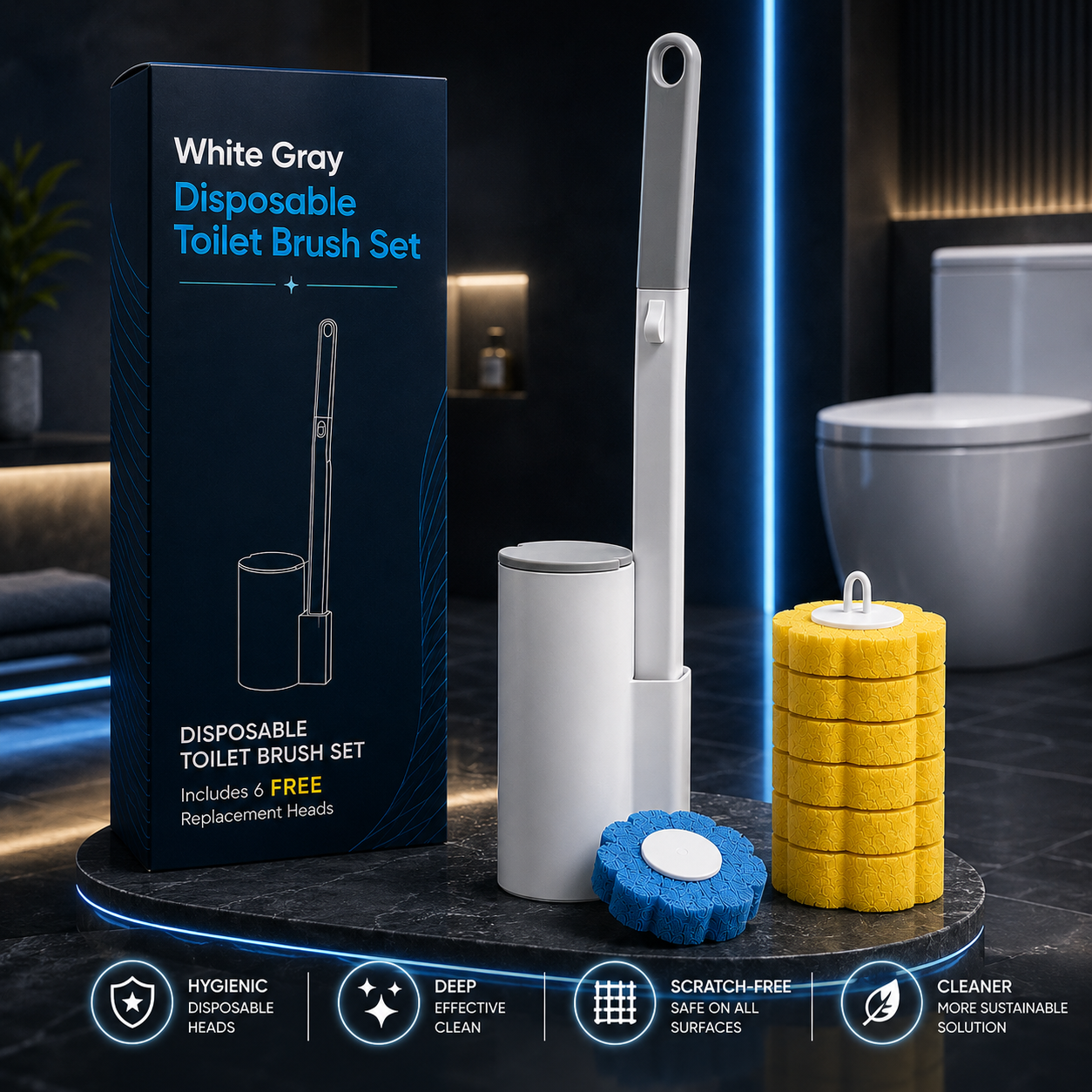 SparkFlow White & Grey Disposable Toilet Brush Set | Includes 6 FREE Replacement Heads